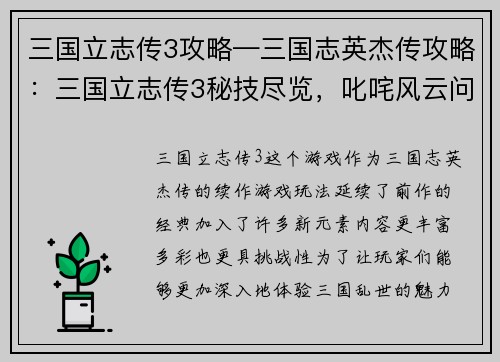 三国立志传3攻略—三国志英杰传攻略：三国立志传3秘技尽览，叱咤风云问鼎天下
