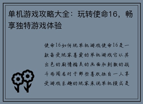 单机游戏攻略大全：玩转使命16，畅享独特游戏体验