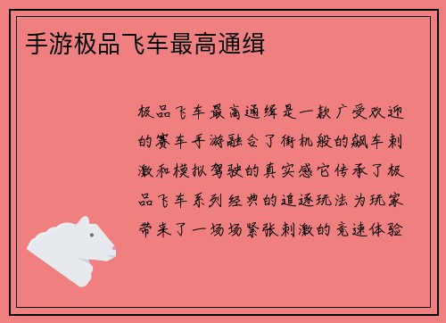 手游极品飞车最高通缉